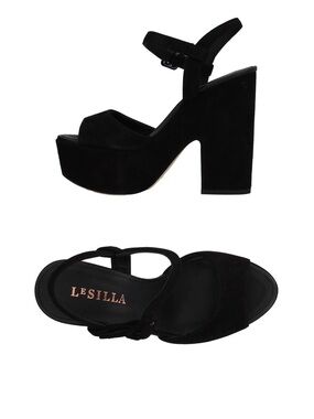L Silla Black Suede Platform Block Heel Sandals, Size 8
